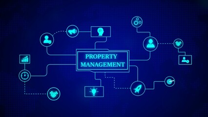 Innovative property management ecosystem illustrated with futuristic neon icons and a blue technological background representing business strategy