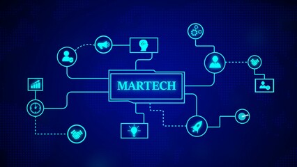 Martech diagram depicting modern marketing technology and related digital strategies with key components for business growth and development on a blue background.