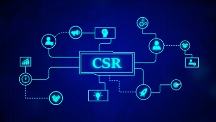 Corporate social responsibility conceptual diagram with connected icons on a blue background representing key business strategies