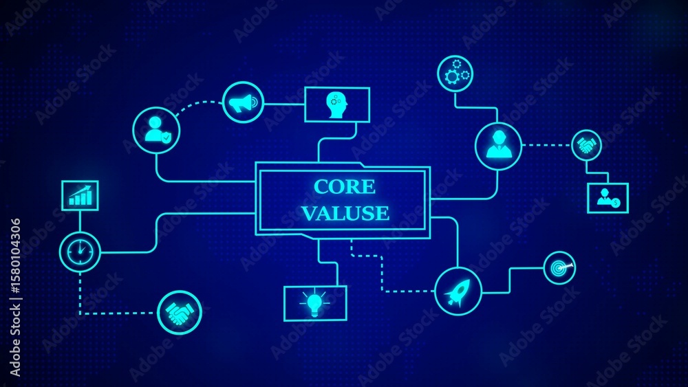 Poster digital representation of core values displayed as a networked diagram on a blue background with ass