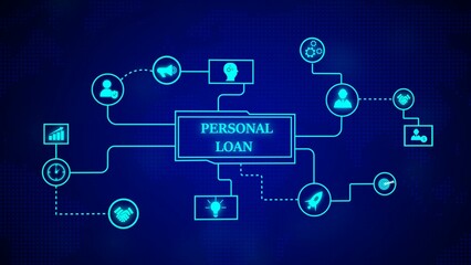 Conceptual illustration depicting personal loan process with financial concepts and icons on a dark blue background
