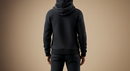 Back view of a person wearing a dark hoodie and pants against a neutral background.