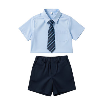 A neatly arranged school uniform consisting of a blue shirt, striped tie, and navy shorts isolated on transparent background