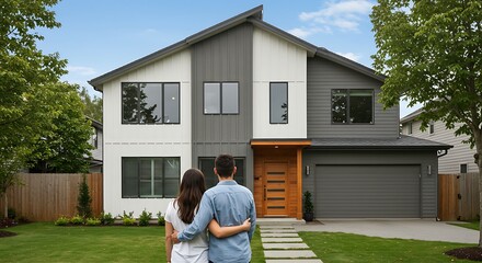 New happy family and senior couple smiling while walking in front of their house