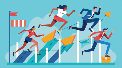 People are running and jumping over obstacles to reach the flag on the other side in competition