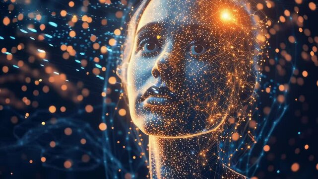 A woman's face is shown in a computer generated image with a glowing brain. Concept of wonder and curiosity about the workings of the human mind