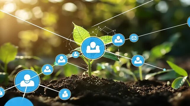 Growing plant surrounded by social media icons, symbolizing digital connection in nature