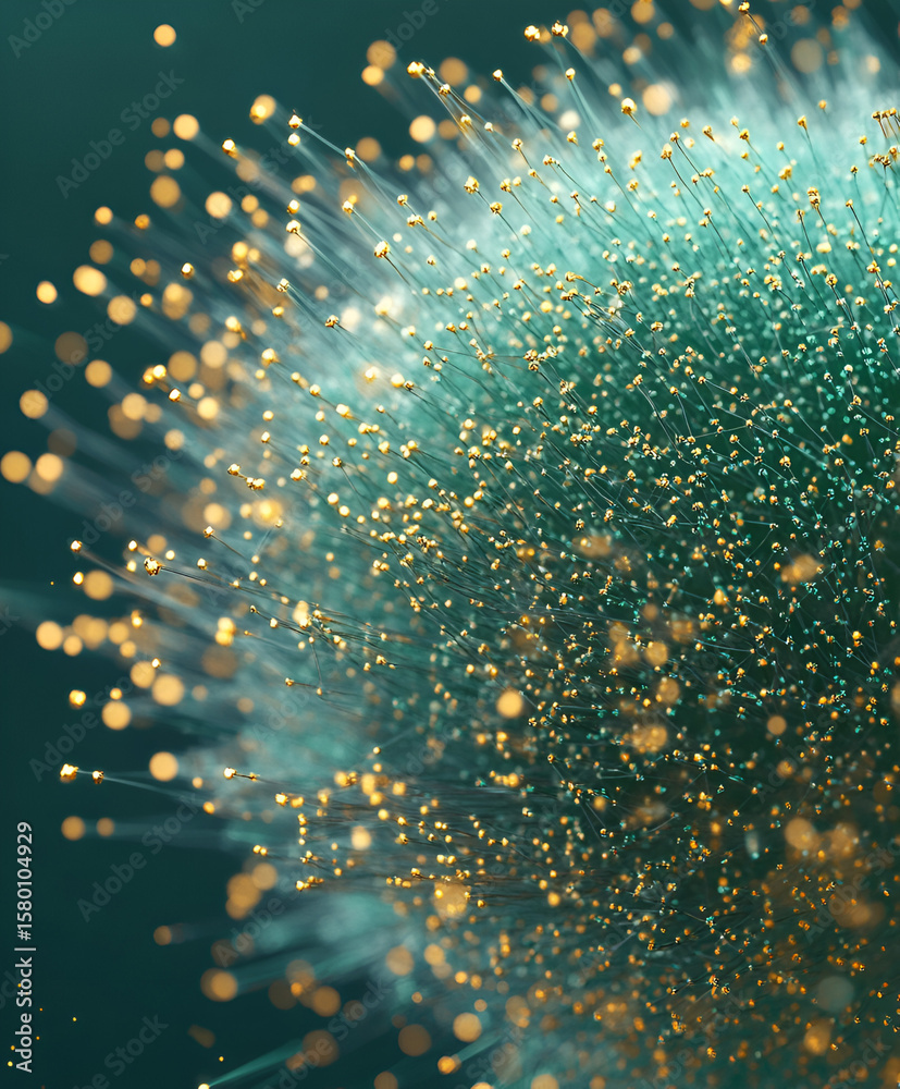 Poster close-up abstract rendering of a spherical object with glowing particles and fibers emanating outwar