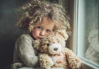 Child with curly hair cuddles stuffed bear by window on a rainy day in a cozy room