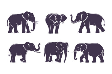  Set of Elephant Silhouettes Vector Illustration. Collection of Walking Safari Animals. Wildlife Mammal Icons Isolated on White Background.