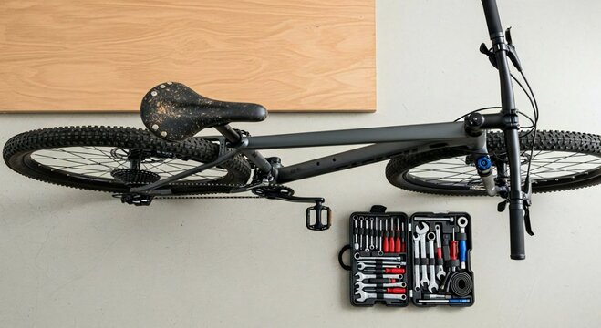 A gray mountain bike is mounted on a wall next to its tool box, ready for maintenance