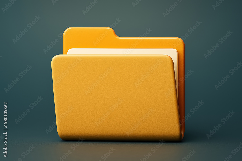Fototapete 3d render of an open orange file folder with white paper on a dark teal background surface