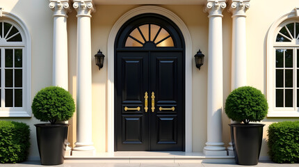Classical home entrance with black double doors, white columns, and symmetrical lanterns in traditional style