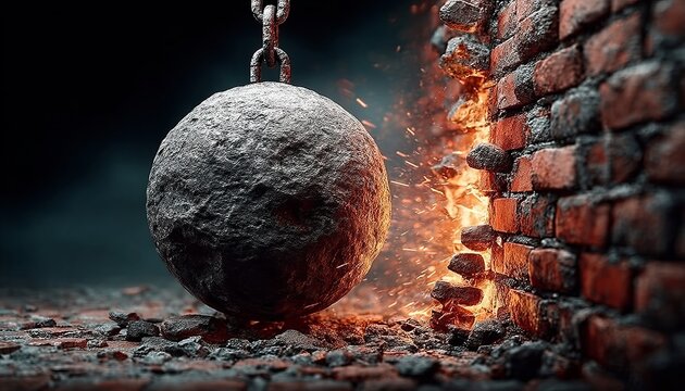 Stone Wrecking Ball Crashing Through Sturdy Brick Walls, Symbolizing Power, Destruction, and Change