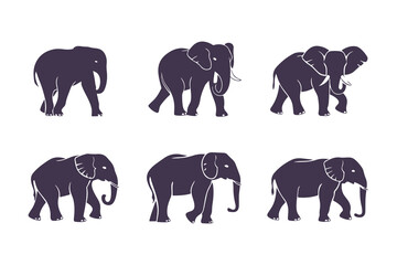  Set of Elephant Silhouettes Vector Illustration. Collection of Walking Safari Animals. Wildlife Mammal Icons Isolated on White Background.