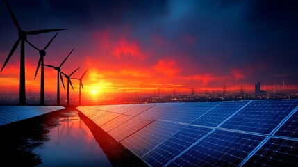 Solar panels and wind turbines generate clean energy at sunset, reflecting renewable power and sustainability near urban cityscape