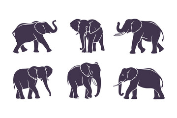  Set of Elephant Silhouettes Vector Illustration. Collection of Walking Safari Animals. Wildlife Mammal Icons Isolated on White Background.