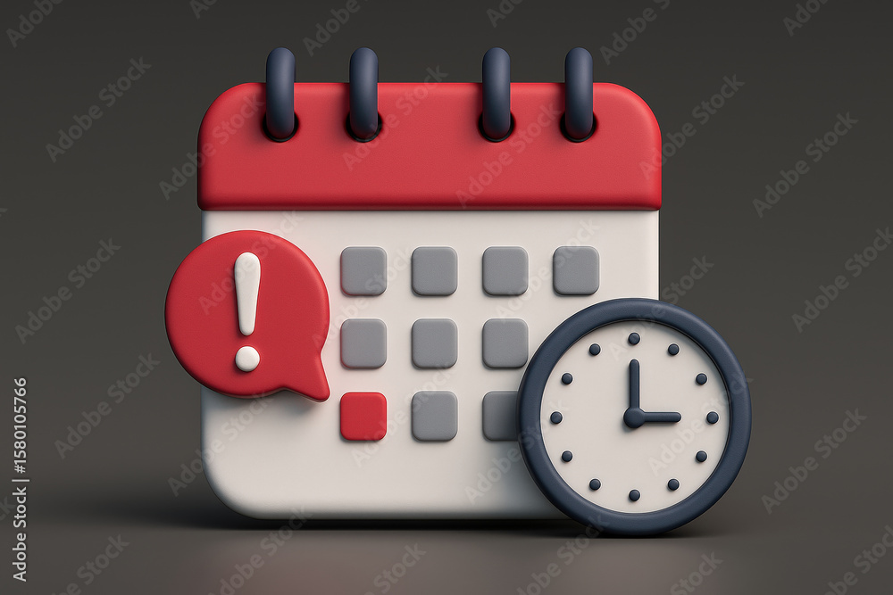 Poster 3d rendered calendar and clock icon with alert on gray background illustrating time management and r