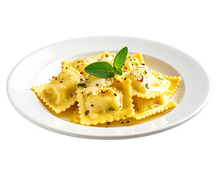 Top View of Ravioli with Sage Butter and Parmesan on White Plate, Transparent PNG