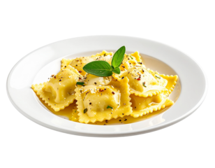 Top View of Ravioli with Sage Butter and Parmesan on White Plate, Transparent PNG