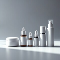 Minimalist Skincare Bottles and Jars on Neutral Background for Beauty Product Mockup