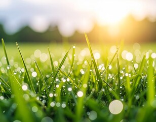 비 오는 날, 풀잎 위에 조용히 맺혀 있는 빗방울의 클로즈업 장면, 부드러운 조명, 회색 하늘을 비추는 물방울.