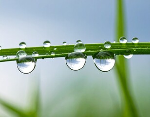 Generated image비 오는 날, 풀잎 위에 조용히 맺혀 있는 빗방울의 클로즈업 장면, 부드러운 조명, 회색 하늘을 비추는 물방울.