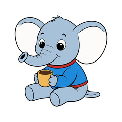 Cute cartoon baby elephant holding a cup. Adorable sitting animal character mascot. Vector illustration isolated on white for kids' design.