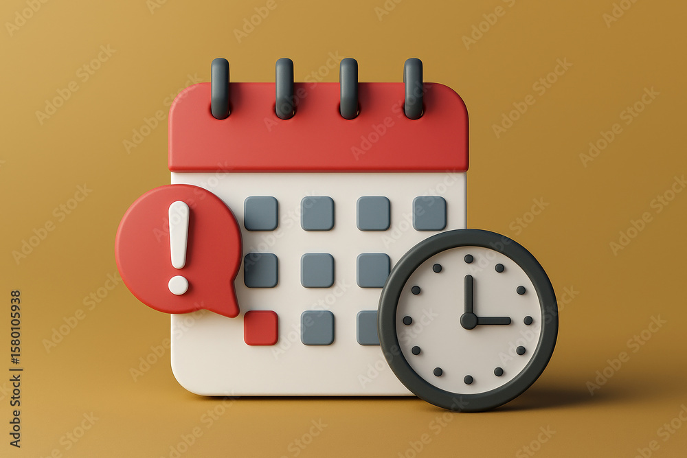 Fototapete 3d rendered calendar and clock icon with alert on yellow background illustrating time management and