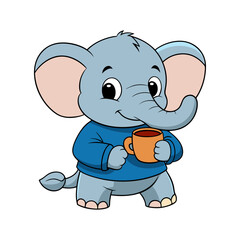 Naklejka premium Cute cartoon baby elephant holding a cup. Adorable sitting animal character mascot. Vector illustration isolated on white for kids' design.