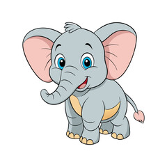 Cute cartoon baby elephant. Adorable smiling animal character illustration for kids. Vector graphic isolated on white background.