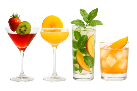 Four refreshing colorful cocktails garnished with fresh fruit and mint isolated on transparent background