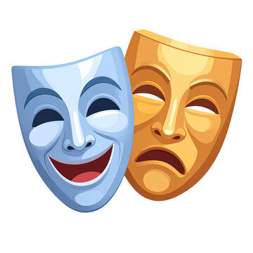 Cartoon Vector Theatrical Comedy and Tragedy Masks Smiling PNG | Classic Drama Symbol Illustration | Transparent Background Clipart for Theater, Emotions, Acting, Performance, and Art Design Themes