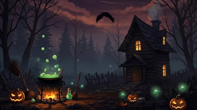 Pixel Art Spooky Cottage with Glowing Pumpkins and Bubbling Cauldron on Halloween Night With Forest and Bats