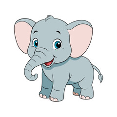Cute cartoon baby elephant. Adorable smiling animal character illustration for kids. Vector graphic isolated on white background.
