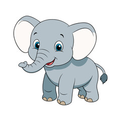 Cute cartoon baby elephant. Adorable smiling animal character illustration for kids. Vector graphic isolated on white background.