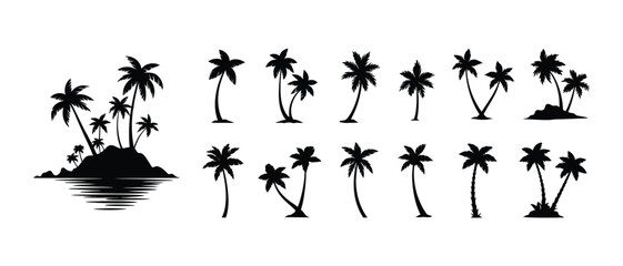 Palm trees illutration set. palm tree monochrome print, drawing tropics coconut tree island plant birds vector