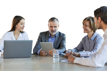 Four business professionals using laptop on desk discussing strategy company on a transparent...