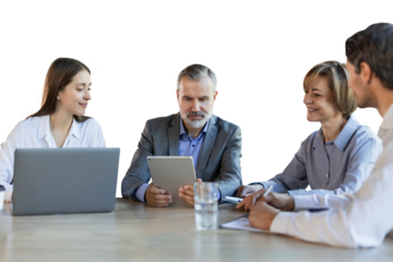 Four business professionals using laptop on desk discussing strategy company on a transparent background