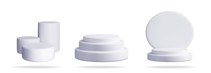 White 3d product display podiums with shadow effect, geometric cylinder and tiered stand for advertising design.