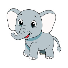 Cute cartoon baby elephant. Adorable smiling animal character illustration for kids. Vector graphic isolated on white background.