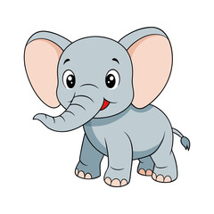 Cute cartoon baby elephant. Adorable smiling animal character illustration for kids. Vector graphic isolated on white background.