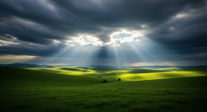 Dramatic sunbeams pierce through dark storm clouds illuminating rolling green hills and fields with golden light
