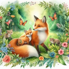 Fototapeta premium A Heartwarming Scene of Foxes Amidst Lush Flora and Colorful Butterflies Together