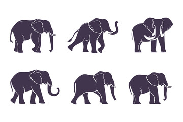 Set of Elephant Silhouettes Vector Illustration. Collection of Walking Safari Animals. Wildlife Mammal Icons Isolated on White Background.