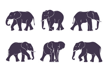 Set of Elephant Silhouettes Vector Illustration. Collection of Walking Safari Animals. Wildlife Mammal Icons Isolated on White Background.