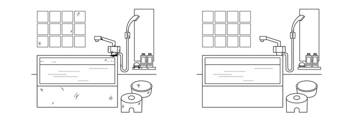 Before-and-After Bathroom Comparison Illustration (Monochrome) – Dirty vs Clean, Hand-drawn with Clip Studio Paint