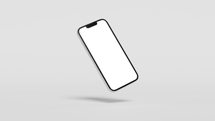 Floating smartphone with blank white screen on light background, for design insertion