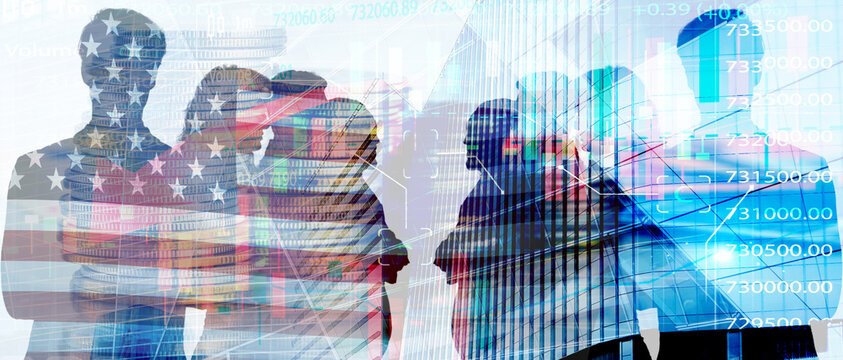 American business and finance concept. Economic growth analysis and investment trading market success. Digital economy. United States financial markets. Investment trends, and wealth generation.