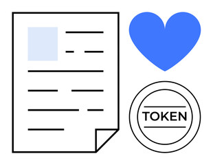 Document with text lines, blue heart, and token highlight trust, connection, and digital transactions. Ideal for love, agreement, paperwork, blockchain reward trust simple landing page